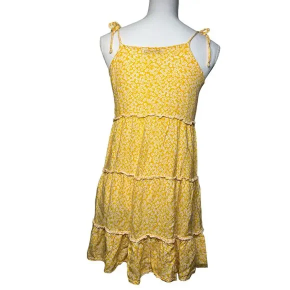 SHEIN Yellow Floral Mini Dress Sundress Tiered Ruffles Tie Straps-Size S - Picture 2 of 5